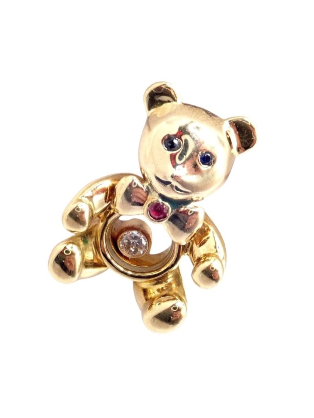 Chopard 18k Yellow Gold Teddy Bear Happy Diamond Ruby Sapphire Pin Brooch
